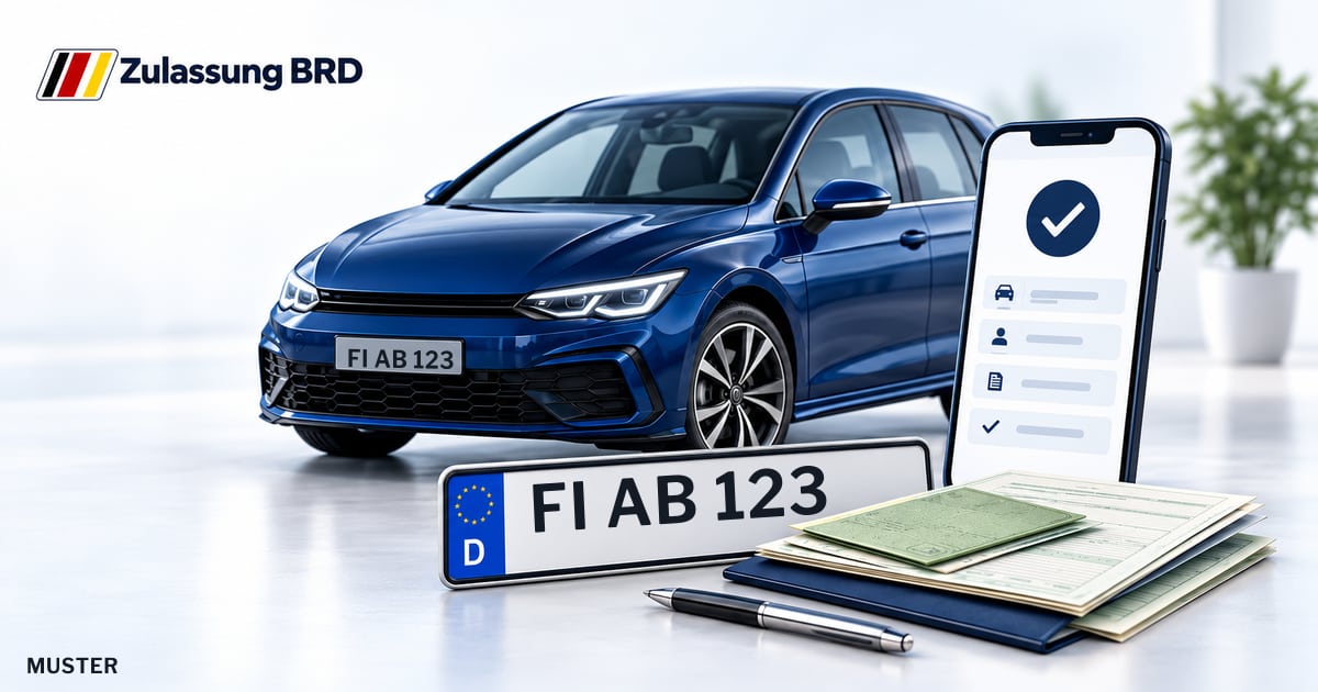 Online Fahrzeugzulassung in Finsterwalde: Musterkennzeichen FI AB 123, Auto und Fahrzeugpapiere und Smartphone. Illustration mit Logo von Zulassung BRD.